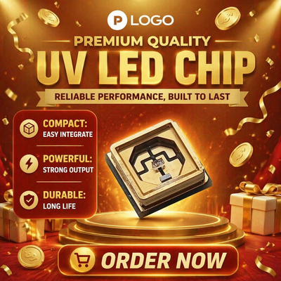 Chips UV LED de alta confiabilidade (material Ingan) para esterilização/curagem/sensorização comprimentos de onda personalizáveis 70 Lm/W 90 CRI 0,5W