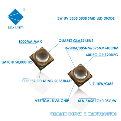 o grau Uva 3w de 365nm 385nm 395nm 60 conduziu Chips For Uv Curing