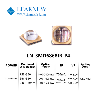 Chips LED IR de alta densidade e intensidade 5-8W para comprimento de onda dominante 730-950MM