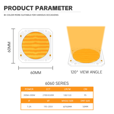 Bi color Cob Led Chip 6060 Dual CCT 2700K 6500K Cob Chip de alta potência 300W * 2 LEDs