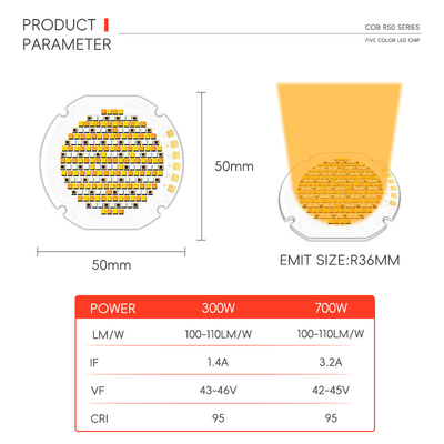 300w 700w Alta Potência Alta Luz R50 COB Fonte LED de cinco cores VF 42-46V LM/W 95