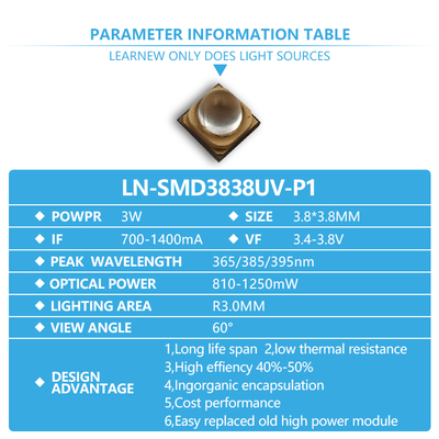 3W UVA LED Chip 365nm comprimento de onda 3.8x3.8mm Tamanho