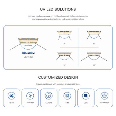 Chips UV LED de alta confiabilidade (material Ingan) para esterilização/curagem/sensorização comprimentos de onda personalizáveis 70 Lm/W 90 CRI 0,5W